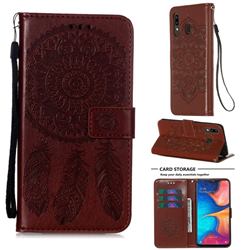 Embossing Dream Catcher Mandala Flower Leather Wallet Case for Samsung Galaxy A20 - Brown