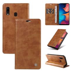 YIKATU Litchi Card Magnetic Automatic Suction Leather Flip Cover for Samsung Galaxy A20 - Brown