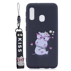 Black Flower Hippo Soft Kiss Candy Hand Strap Silicone Case for Samsung Galaxy A20e
