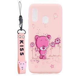 Pink Flower Bear Soft Kiss Candy Hand Strap Silicone Case for Samsung Galaxy A20e