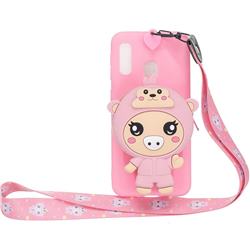 Pink Pig Neck Lanyard Zipper Wallet Silicone Case for Samsung Galaxy A20e