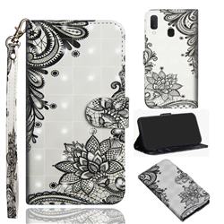 Black Lace Flower 3D Painted Leather Wallet Case for Samsung Galaxy A20e