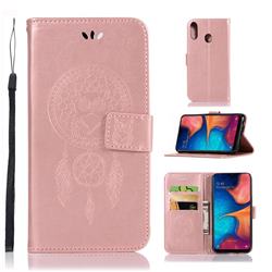 Intricate Embossing Owl Campanula Leather Wallet Case for Samsung Galaxy A20e - Rose Gold