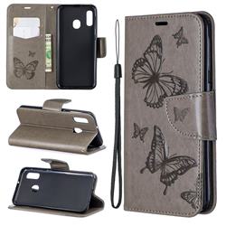 Embossing Double Butterfly Leather Wallet Case for Samsung Galaxy A20e - Gray