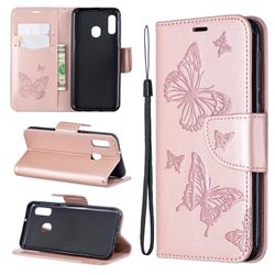 Embossing Double Butterfly Leather Wallet Case for Samsung Galaxy A20e - Rose Gold