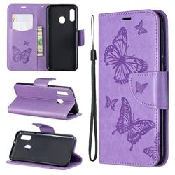 Embossing Double Butterfly Leather Wallet Case for Samsung Galaxy A20e - Purple