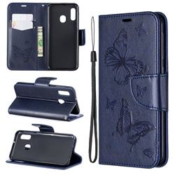 Embossing Double Butterfly Leather Wallet Case for Samsung Galaxy A20e - Dark Blue