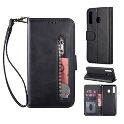 Retro Calfskin Zipper Leather Wallet Case Cover for Samsung Galaxy A20e - Black