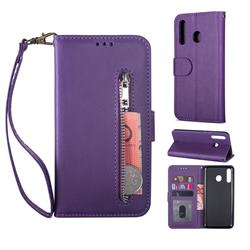Retro Calfskin Zipper Leather Wallet Case Cover for Samsung Galaxy A20e - Purple