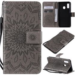 Embossing Sunflower Leather Wallet Case for Samsung Galaxy A20e - Gray