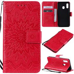 Embossing Sunflower Leather Wallet Case for Samsung Galaxy A20e - Red