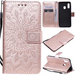 Embossing Sunflower Leather Wallet Case for Samsung Galaxy A20e - Rose Gold