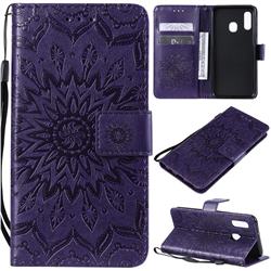 Embossing Sunflower Leather Wallet Case for Samsung Galaxy A20e - Purple