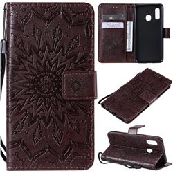 Embossing Sunflower Leather Wallet Case for Samsung Galaxy A20e - Brown