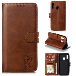 Embossing Happy Cat Leather Wallet Case for Samsung Galaxy A20e - Brown