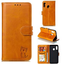 Embossing Happy Cat Leather Wallet Case for Samsung Galaxy A20e - Yellow