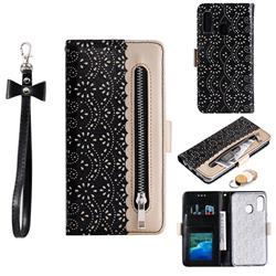 Luxury Lace Zipper Stitching Leather Phone Wallet Case for Samsung Galaxy A20e - Black