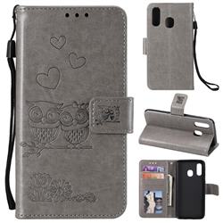 Embossing Owl Couple Flower Leather Wallet Case for Samsung Galaxy A20e - Gray