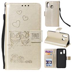 Embossing Owl Couple Flower Leather Wallet Case for Samsung Galaxy A20e - Golden