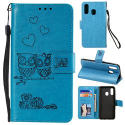 Embossing Owl Couple Flower Leather Wallet Case for Samsung Galaxy A20e - Blue