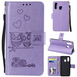 Embossing Owl Couple Flower Leather Wallet Case for Samsung Galaxy A20e - Purple