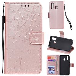 Embossing Cherry Blossom Cat Leather Wallet Case for Samsung Galaxy A20e - Rose Gold
