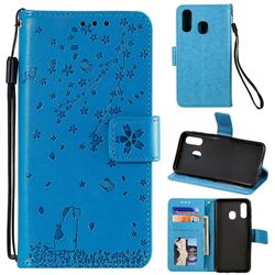 Embossing Cherry Blossom Cat Leather Wallet Case for Samsung Galaxy A20e - Blue