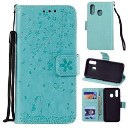 Embossing Cherry Blossom Cat Leather Wallet Case for Samsung Galaxy A20e - Green