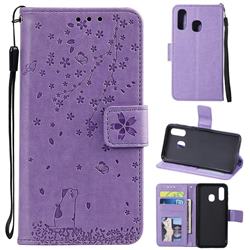 Embossing Cherry Blossom Cat Leather Wallet Case for Samsung Galaxy A20e - Purple
