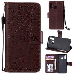 Embossing Cherry Blossom Cat Leather Wallet Case for Samsung Galaxy A20e - Brown