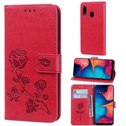 Embossing Rose Flower Leather Wallet Case for Samsung Galaxy A20e - Red
