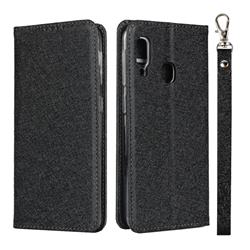 Ultra Slim Magnetic Automatic Suction Silk Lanyard Leather Flip Cover for Samsung Galaxy A20e - Black