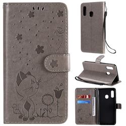 Embossing Bee and Cat Leather Wallet Case for Samsung Galaxy A20e - Gray