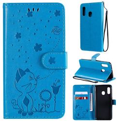 Embossing Bee and Cat Leather Wallet Case for Samsung Galaxy A20e - Blue