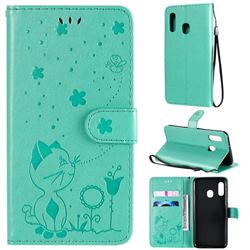 Embossing Bee and Cat Leather Wallet Case for Samsung Galaxy A20e - Green