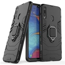 Black Panther Armor Metal Ring Grip Shockproof Dual Layer Rugged Hard Cover for Samsung Galaxy A20s - Black