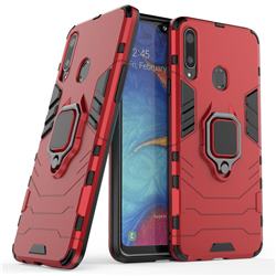 Black Panther Armor Metal Ring Grip Shockproof Dual Layer Rugged Hard Cover for Samsung Galaxy A20s - Red