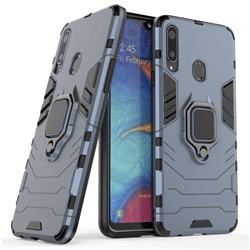 Black Panther Armor Metal Ring Grip Shockproof Dual Layer Rugged Hard Cover for Samsung Galaxy A20s - Blue