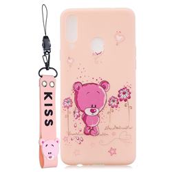 Pink Flower Bear Soft Kiss Candy Hand Strap Silicone Case for Samsung Galaxy A20s
