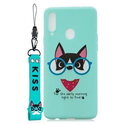Green Glasses Dog Soft Kiss Candy Hand Strap Silicone Case for Samsung Galaxy A20s