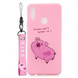 Pink Cute Pig Soft Kiss Candy Hand Strap Silicone Case for Samsung Galaxy A20s