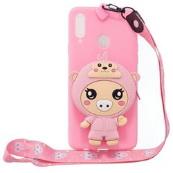 Pink Pig Neck Lanyard Zipper Wallet Silicone Case for Samsung Galaxy A20s