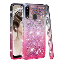 Diamond Frame Liquid Glitter Quicksand Sequins Phone Case for Samsung Galaxy A20s - Gray Pink