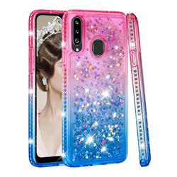 Diamond Frame Liquid Glitter Quicksand Sequins Phone Case for Samsung Galaxy A20s - Pink Blue