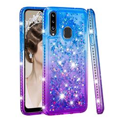 Diamond Frame Liquid Glitter Quicksand Sequins Phone Case for Samsung Galaxy A20s - Blue Purple