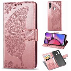 Embossing Mandala Flower Butterfly Leather Wallet Case for Samsung Galaxy A20s - Rose Gold