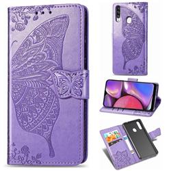 Embossing Mandala Flower Butterfly Leather Wallet Case for Samsung Galaxy A20s - Light Purple