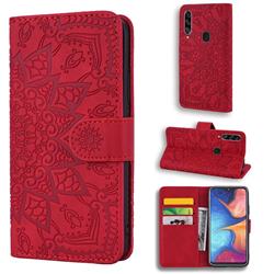 Retro Embossing Mandala Flower Leather Wallet Case for Samsung Galaxy A20s - Red