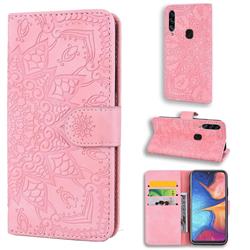 Retro Embossing Mandala Flower Leather Wallet Case for Samsung Galaxy A20s - Pink