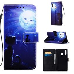 Cat and Moon Matte Leather Wallet Phone Case for Samsung Galaxy A20s